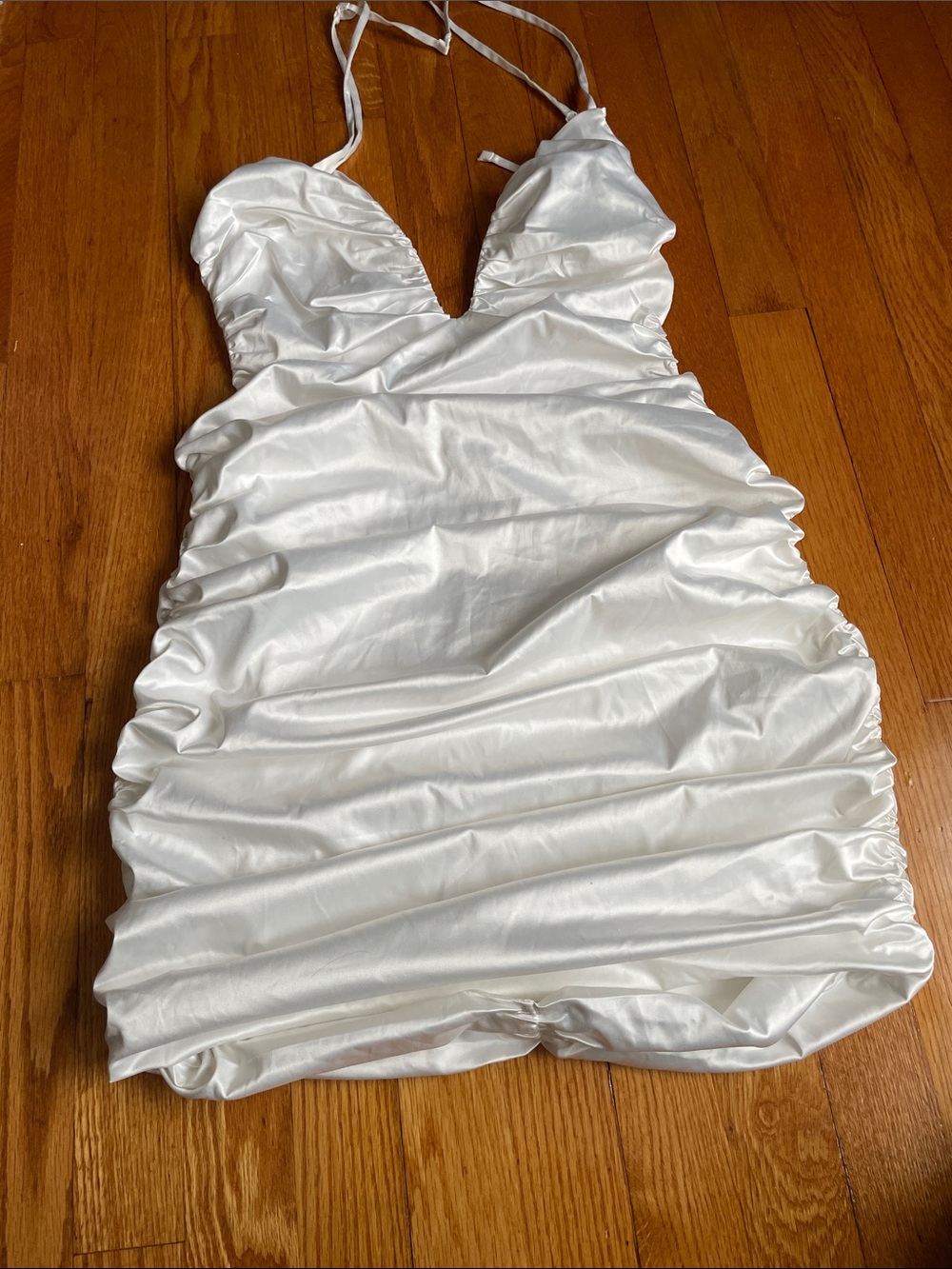 Fashion Nova White Satin Ruched Strapless Halter Dress L